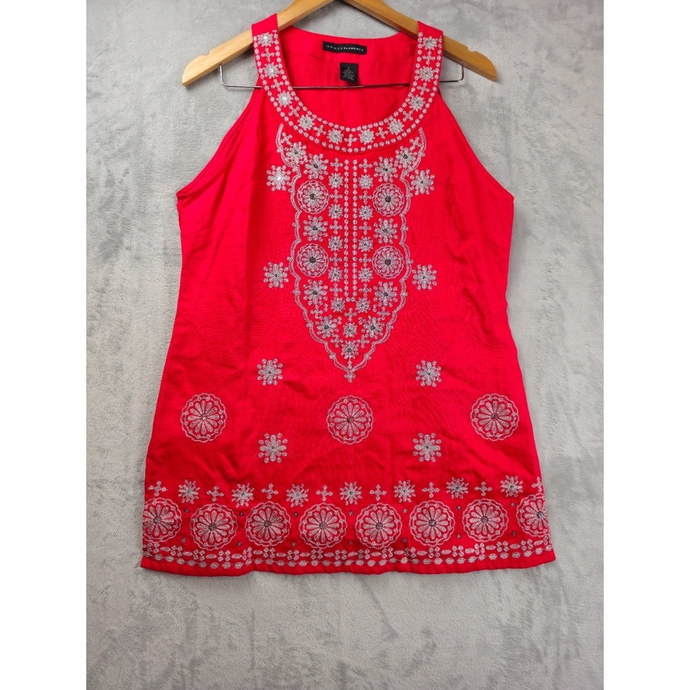 Grace Elements Sleeveless Tunic Red Large Linen Embellish Embroidered